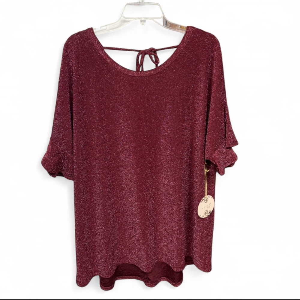 NWT Misia Curvy 2X Burgundy Metallic Sparkle Tie-Back Ruffle Sleeve Top - Picture 2 of 9